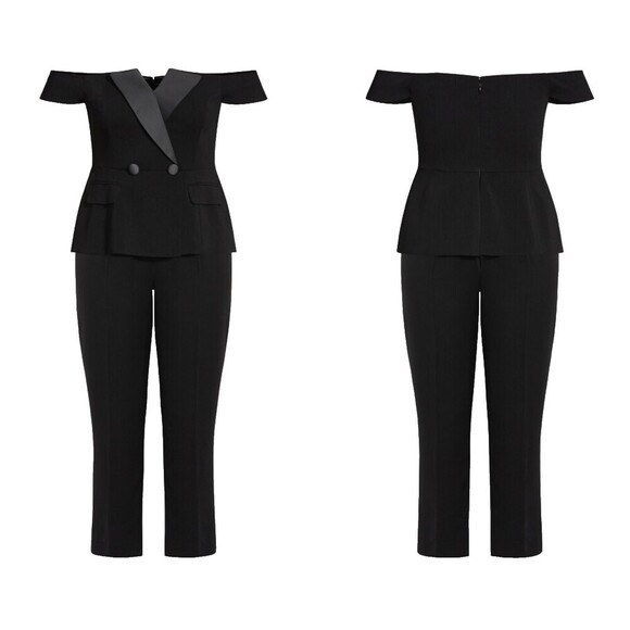 City Chic Womens Sexy Tux Jumpsuit Size L/20 Black Wedding Party Career Sleek - Picture 2 of 12